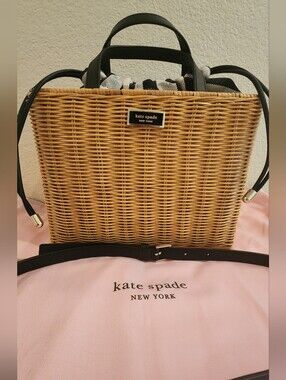 RARE Kate Spade Sam Gingham Wicker Medium Satchel Basket Bag W/ Dust Bag